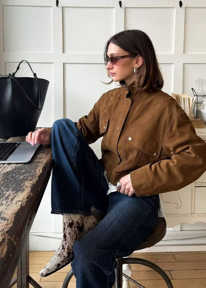 Drune | Effekt Oversized Jacke mit Fronttaschen – Braun