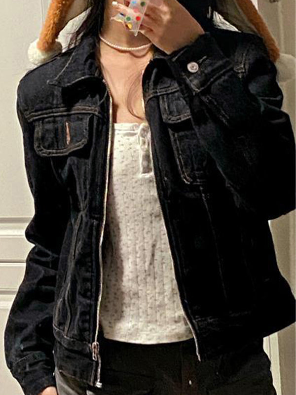 Drune | Schwarze Denim Reverskragen Zip-Up Kurze Jacke