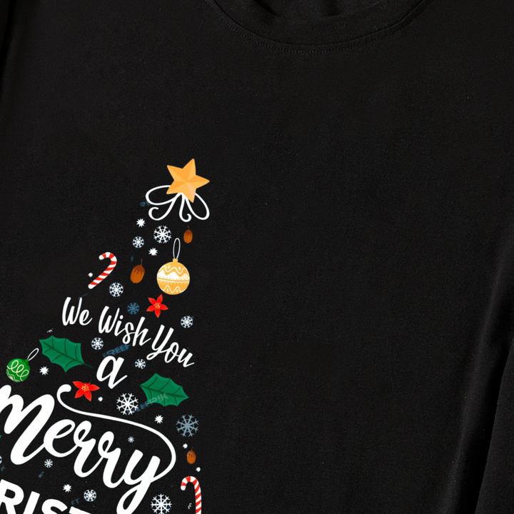 Drune | "Wir wünschen Ihnen ein frohes Weihnachtsfest" Bedrucktes Muster Schwarzes Langarmtop mit Schwarz- und Grünkarierten Hosen Paar Matching Pyjamas