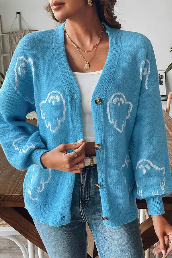 Drune | Cozy Halloween ghost knit sweater with button placket