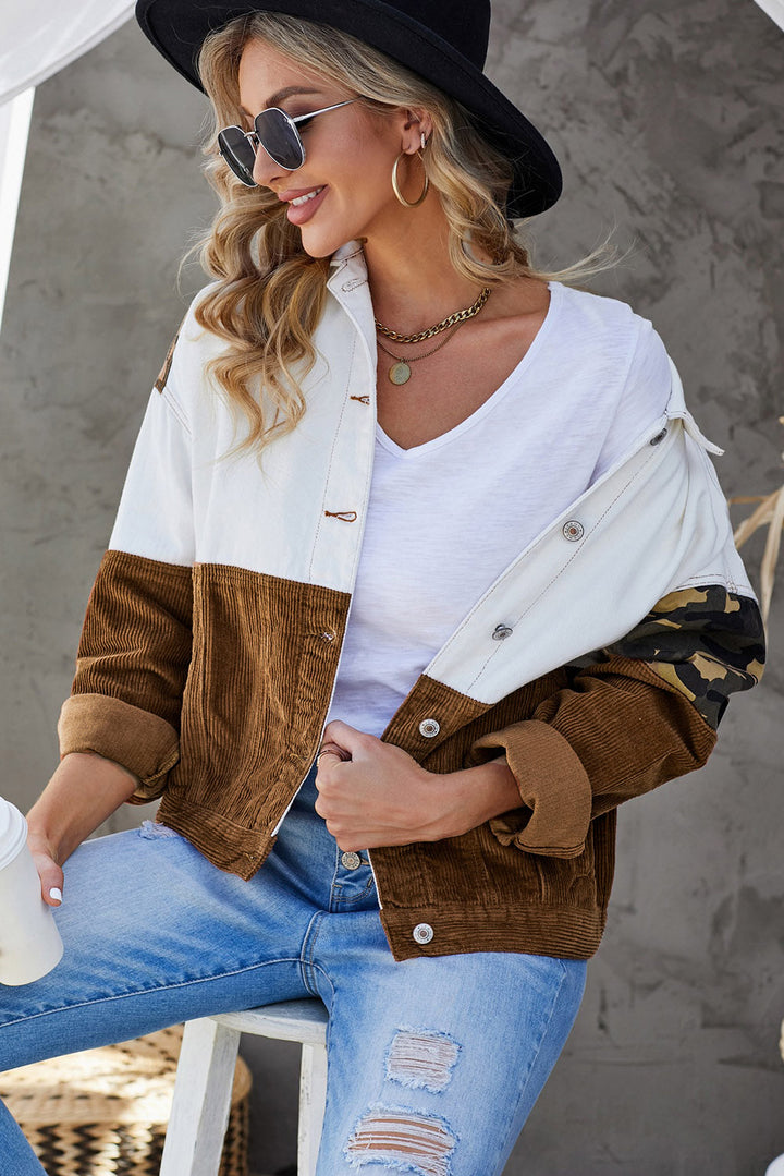 Drune | Leopard Farbblock Knopfleiste Cord Baumwolljacke