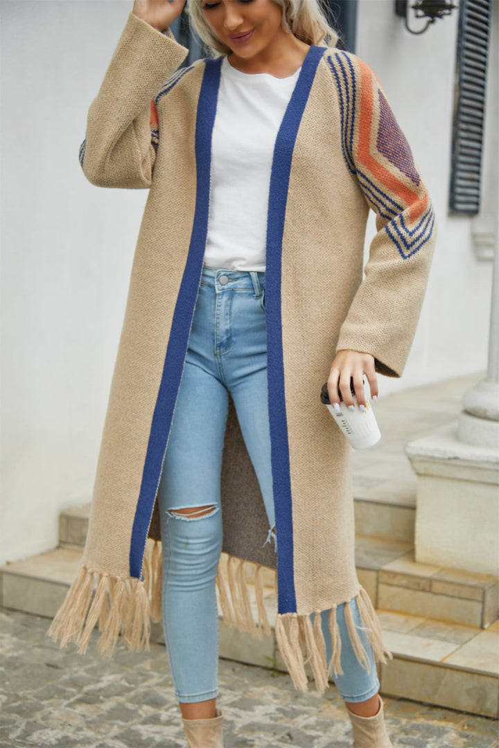 Drune | Geometric Fringe Hem Offene Front Duster Cardigan