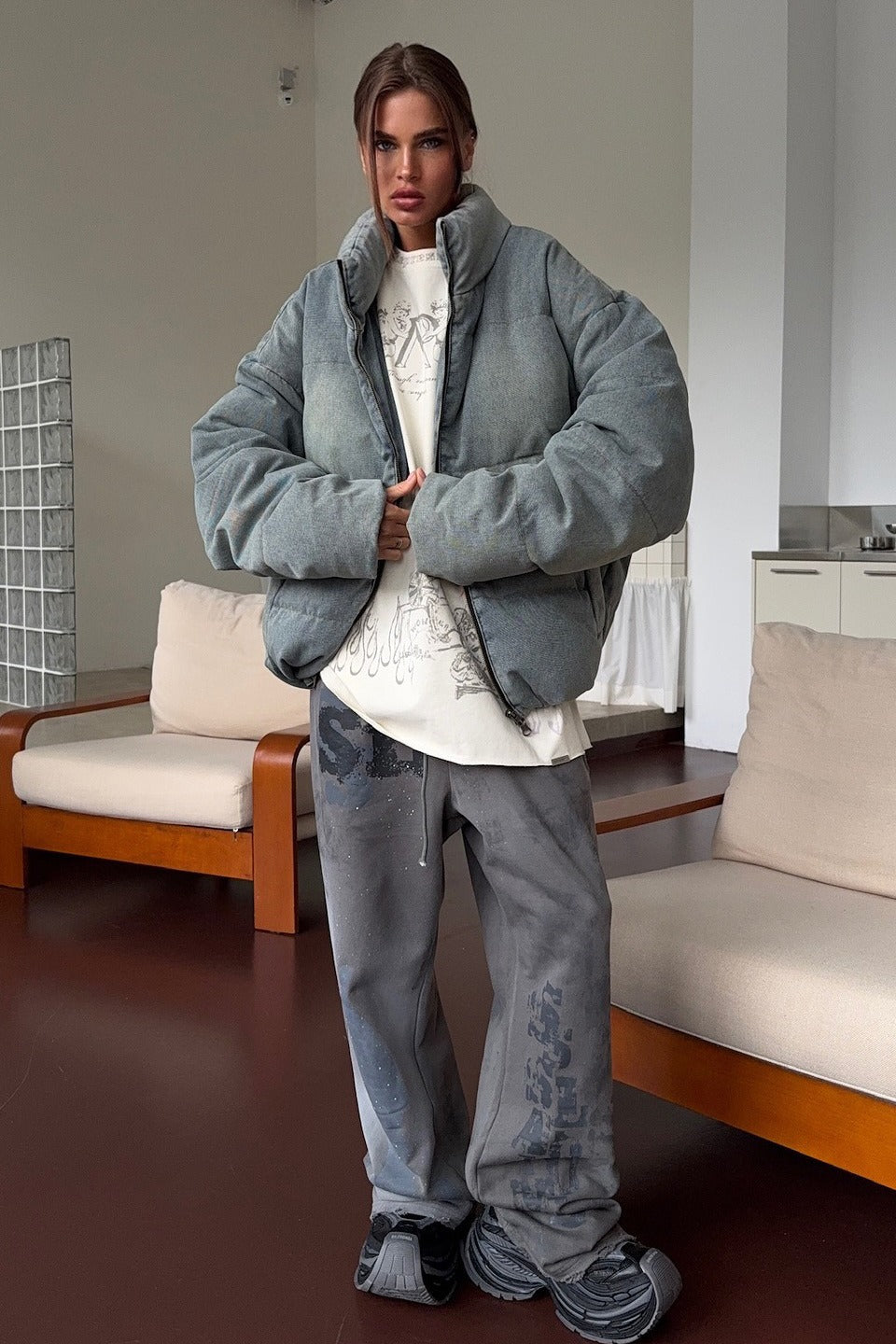 Drune | Denim Stehkragen Pufferjacke