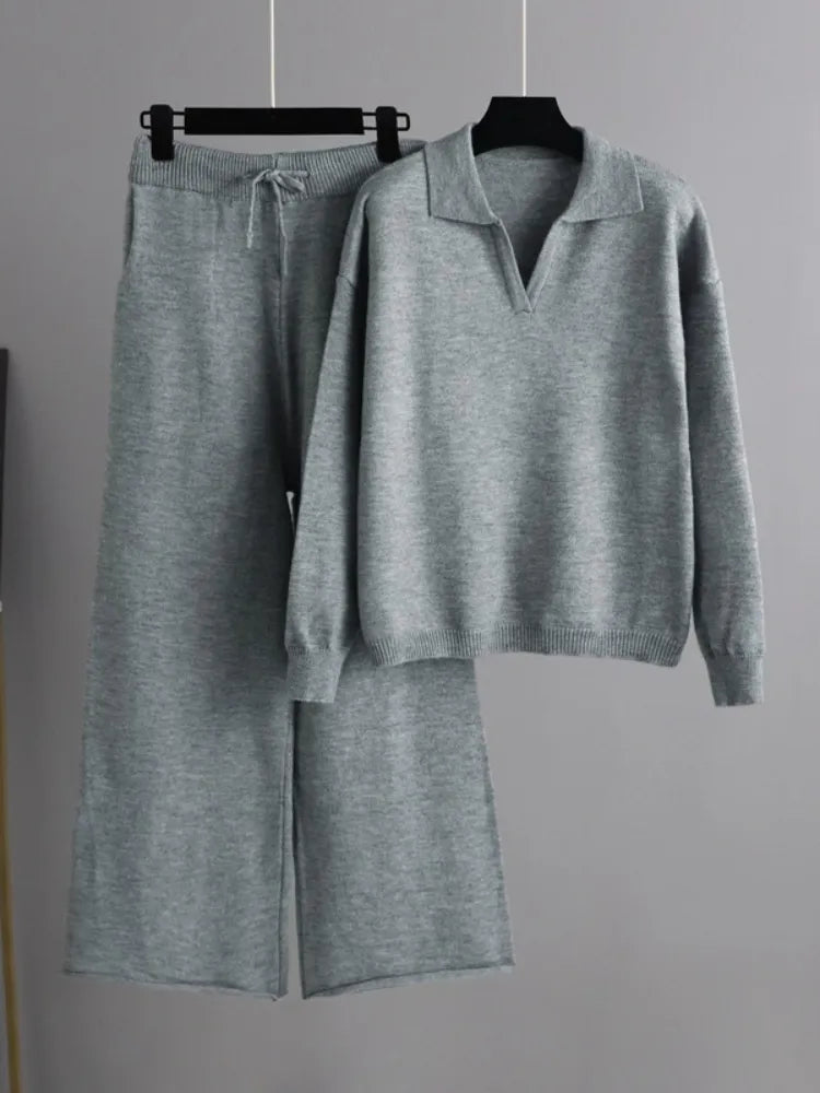 Drune - 2 Stück Set Ladies Oversized Trainingsanzug Polo Kragen Pullover und Hose