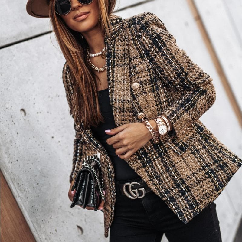 Drune | Blazer Tweed Stoff Karomuster Taillierte Passform Goldene Knöpfe