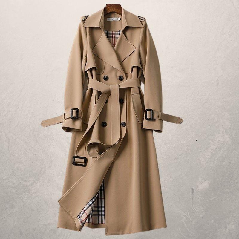 Drune | Trenchcoat Lang Klassisch Schnitt Doppelreiher mit Gürtel und Sturmklappe