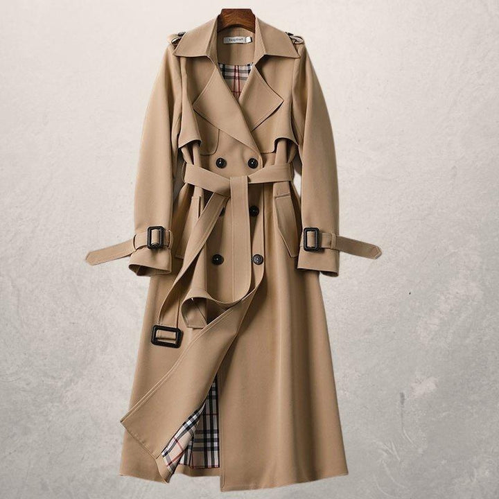 Drune | Trenchcoat Lang Klassisch Schnitt Doppelreiher mit Gürtel und Sturmklappe