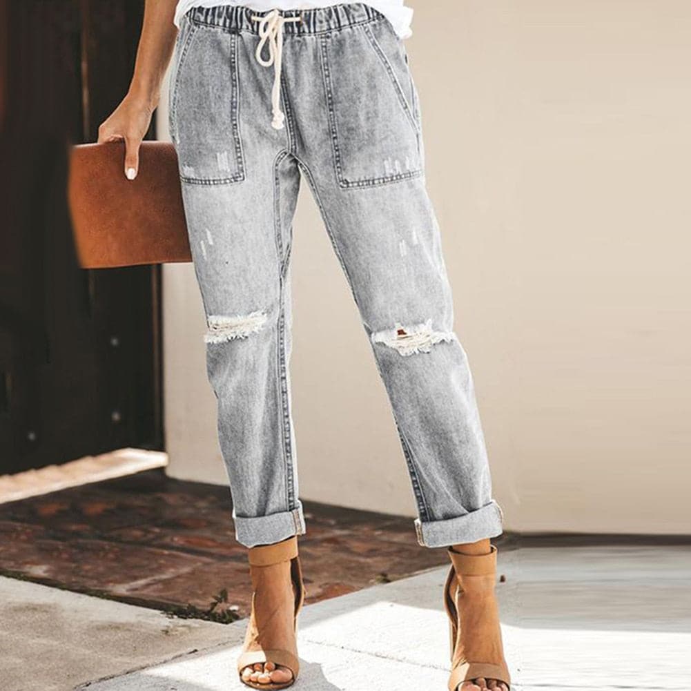 Drune | Relaxed Fit Zerrissene Denim Elastischer Bund Mit Kordelzug