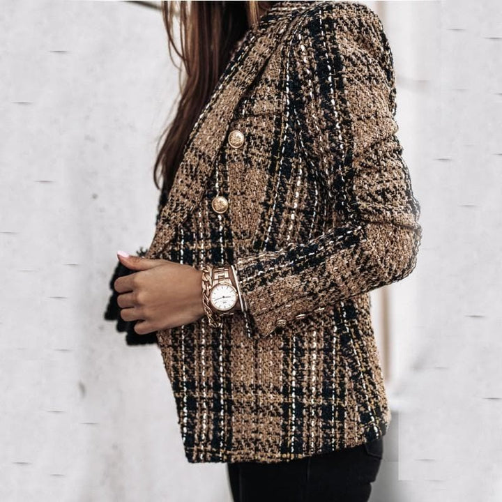 Drune | Blazer Tweed Stoff Karomuster Taillierte Passform Goldene Knöpfe