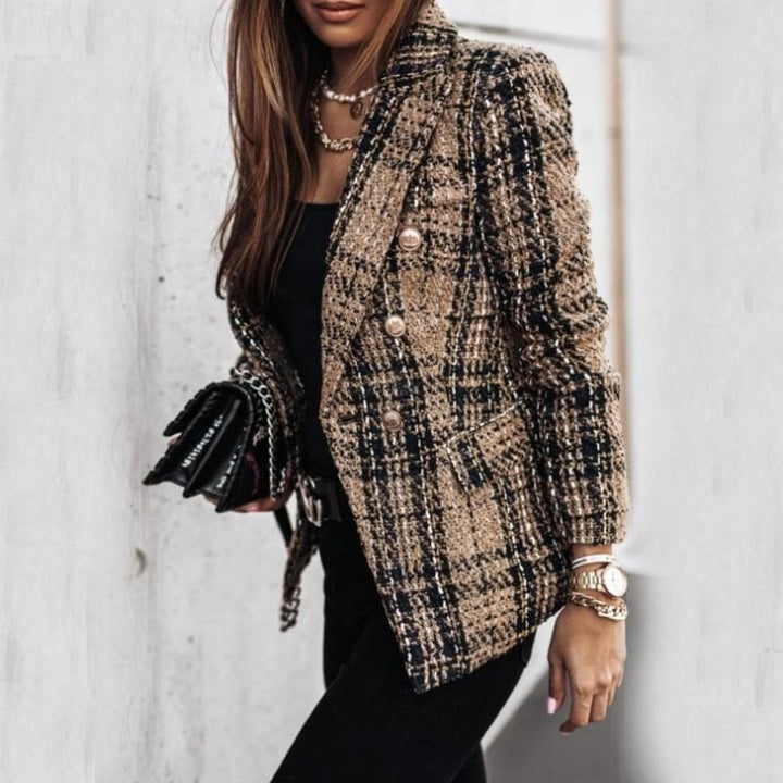 Drune | Blazer Tweed Stoff Karomuster Taillierte Passform Goldene Knöpfe