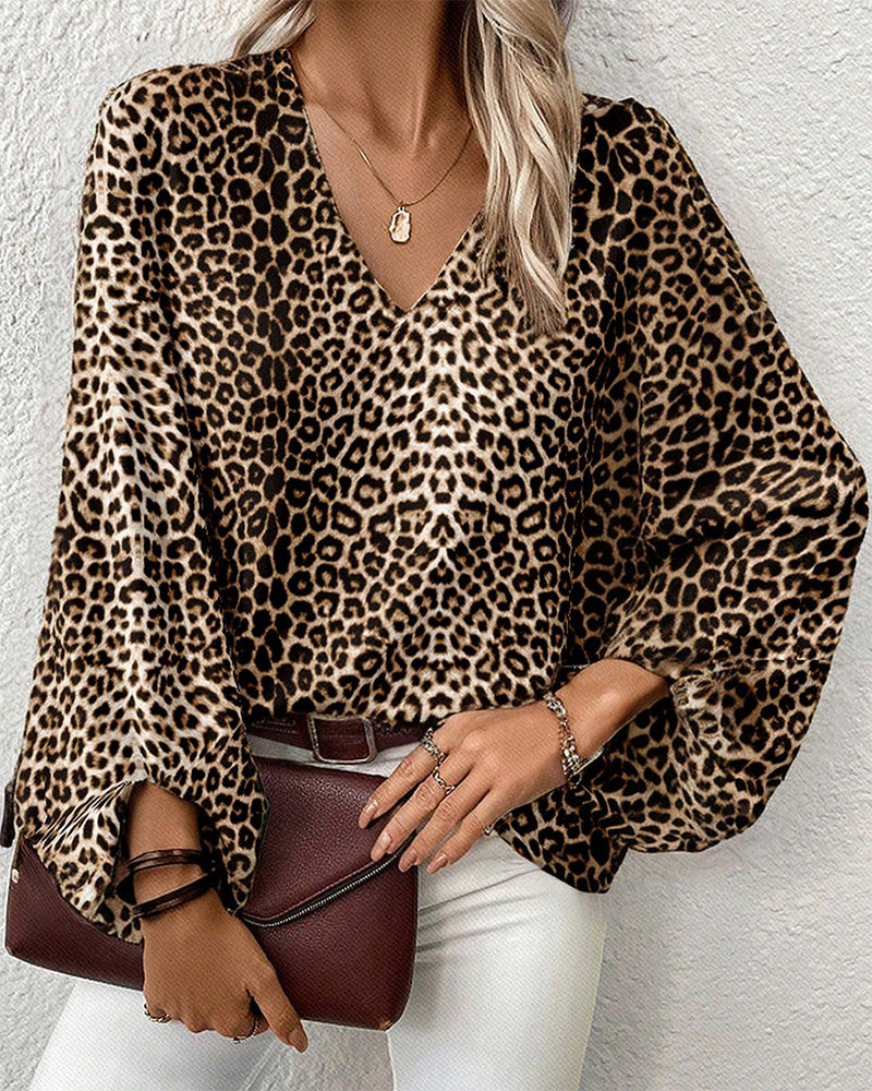 Drune | Stilvolles Leopardenprint-Top mit V-Ausschnitt und Laternenärmeln