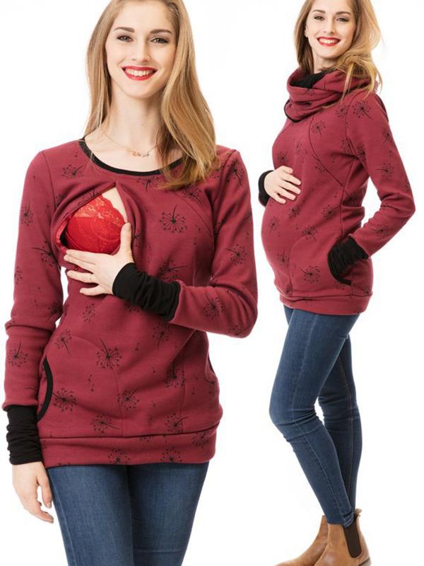 Drune Schwangerschafts-Chaps, Krankenschwester-Sweatshirts, Blumendruck, Taschen, Reißverschluss, Stillkleidung