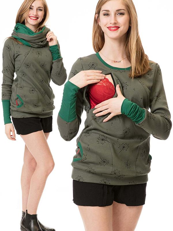 Drune Schwangerschafts-Chaps, Krankenschwester-Sweatshirts, Blumendruck, Taschen, Reißverschluss, Stillkleidung