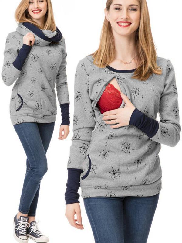 Drune Schwangerschafts-Chaps, Krankenschwester-Sweatshirts, Blumendruck, Taschen, Reißverschluss, Stillkleidung