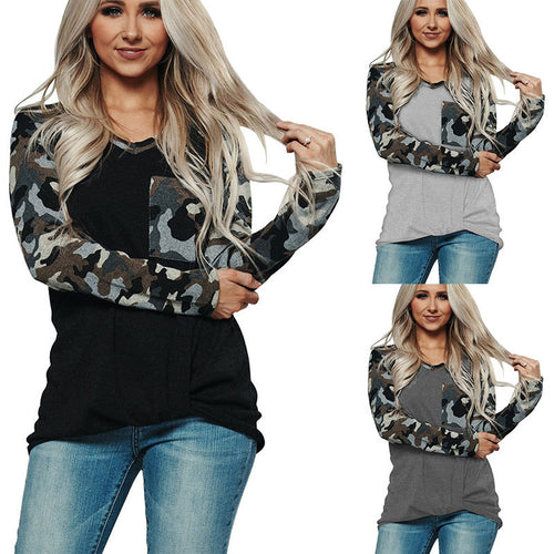 Damen lässiges Langarmshirt mit einzigartigem Camouflage-Ärmel und Brusttasche Drune