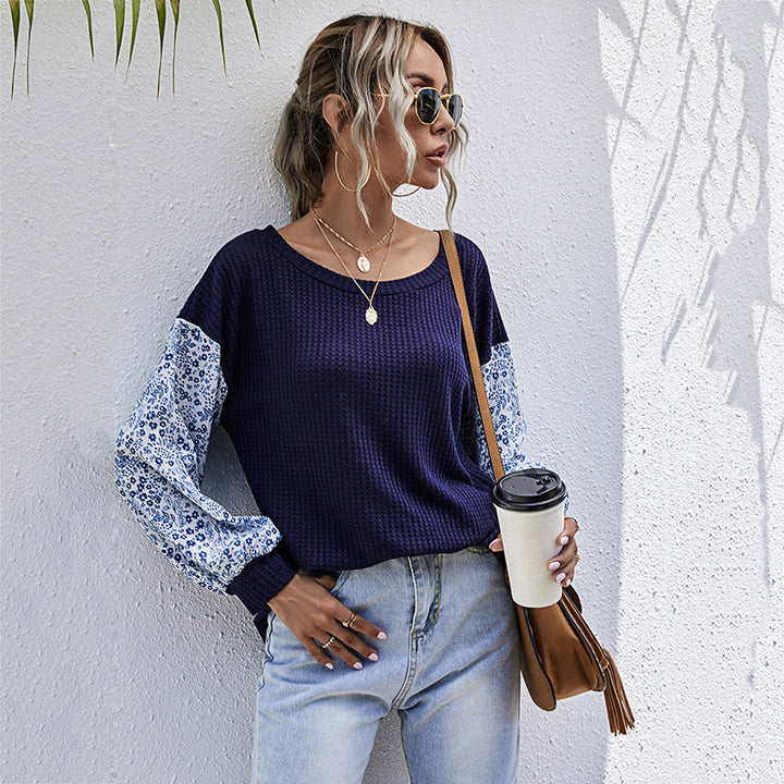 Damen lässiges Strickoberteil mit floralem Puffärmel-Design Drune