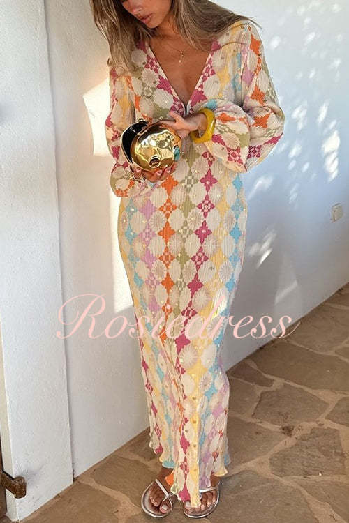 Drune | Rosiedress V-Ausschnitt Laternenärmel Geometrischer Druck Maxi-Kleid