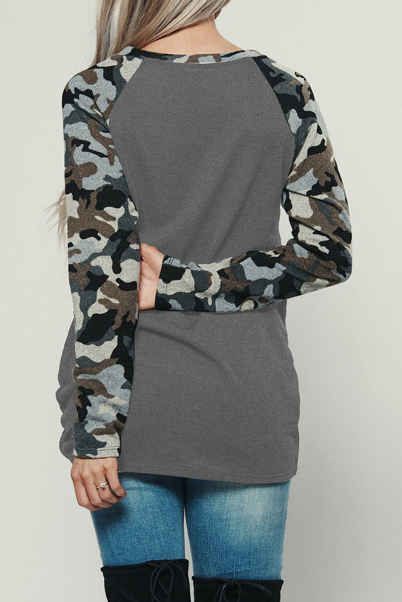 Damen lässiges Langarmshirt mit einzigartigem Camouflage-Ärmel und Brusttasche Drune