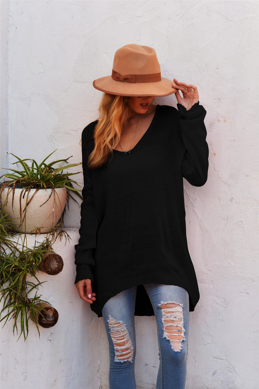 Damen lässiger Strickpullover mit tiefem V-Ausschnitt und langen Ärmeln Drune