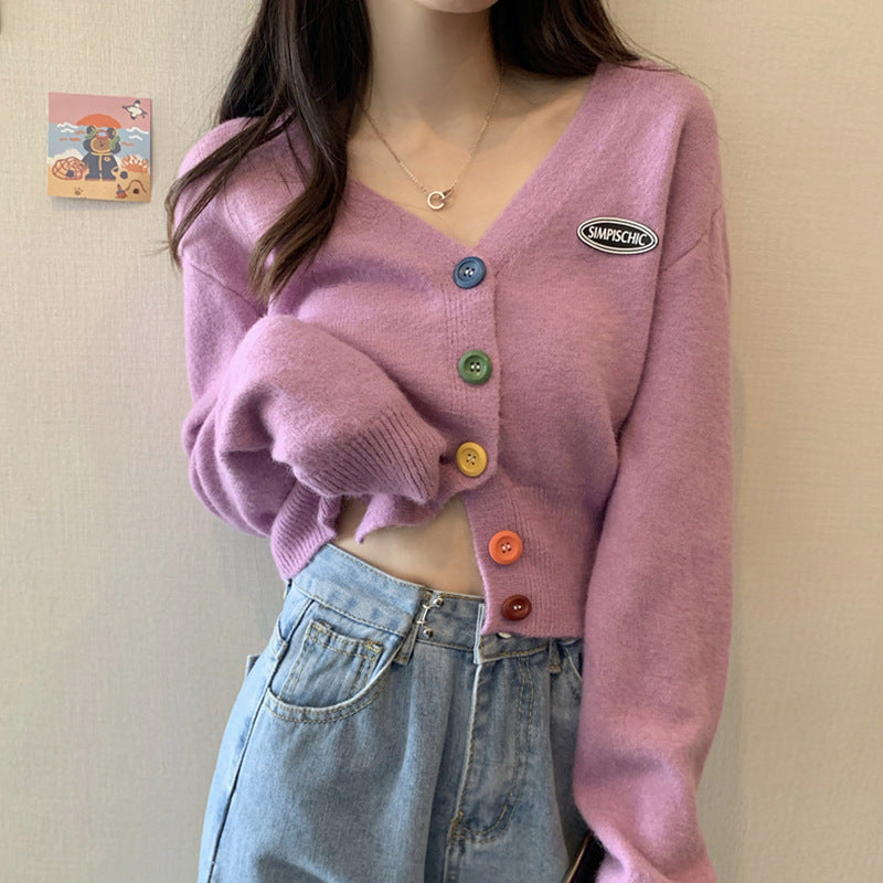 Damen Strickjacke mit bunten Knöpfen und V-Ausschnitt Drune