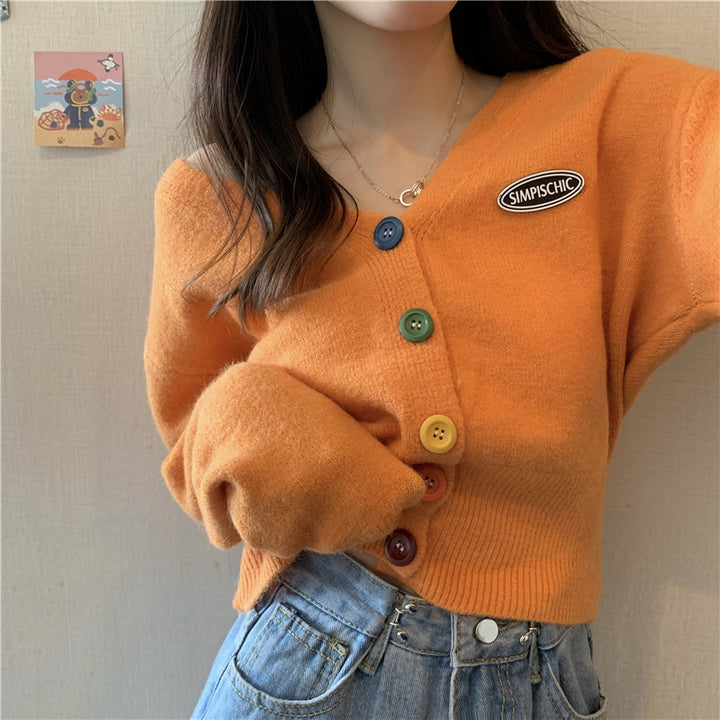 Damen Strickjacke mit bunten Knöpfen und V-Ausschnitt Drune