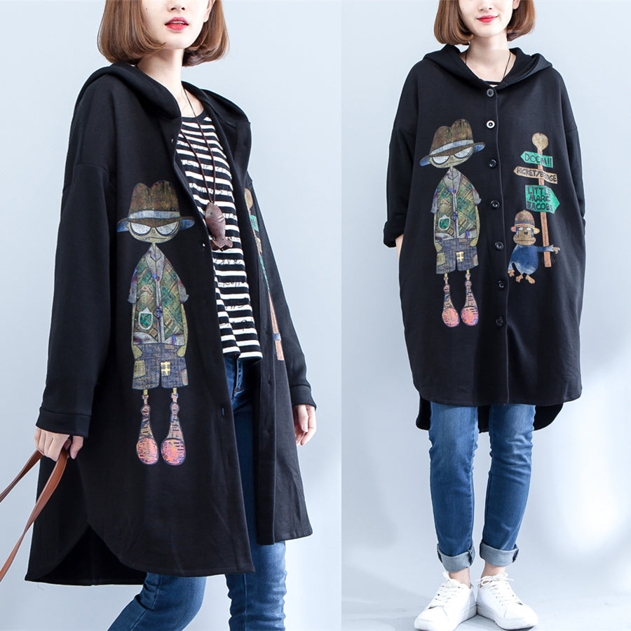 Drune | Herbst schwarze Druck Baumwollmäntel Übergröße niedrig hoch Kapuzen Trenchcoats