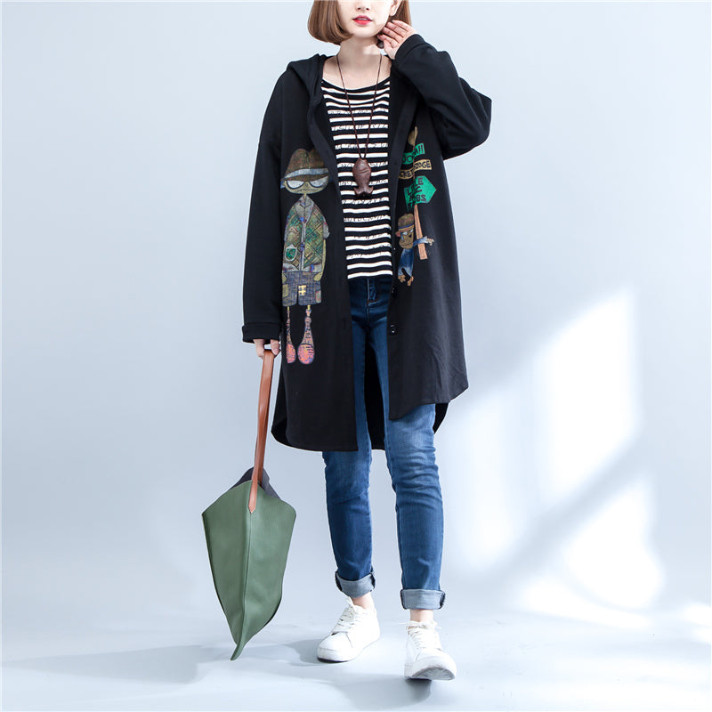 Drune | Herbst schwarze Druck Baumwollmäntel Übergröße niedrig hoch Kapuzen Trenchcoats