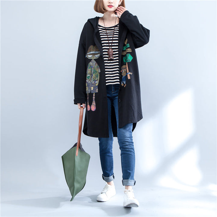 Drune | Herbst schwarze Druck Baumwollmäntel Übergröße niedrig hoch Kapuzen Trenchcoats