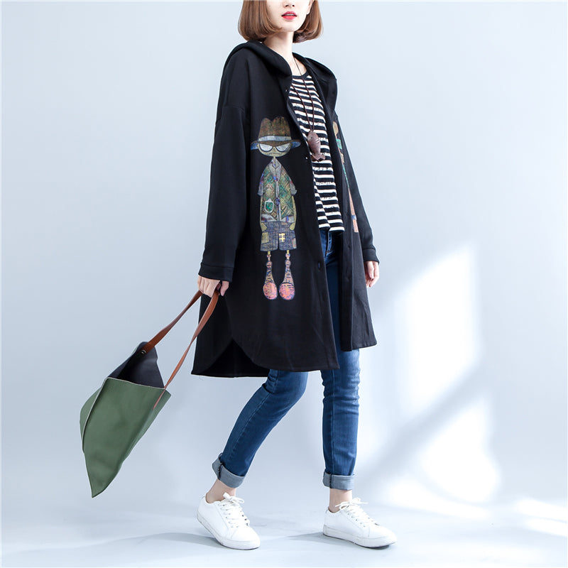 Drune | Herbst schwarze Druck Baumwollmäntel Übergröße niedrig hoch Kapuzen Trenchcoats