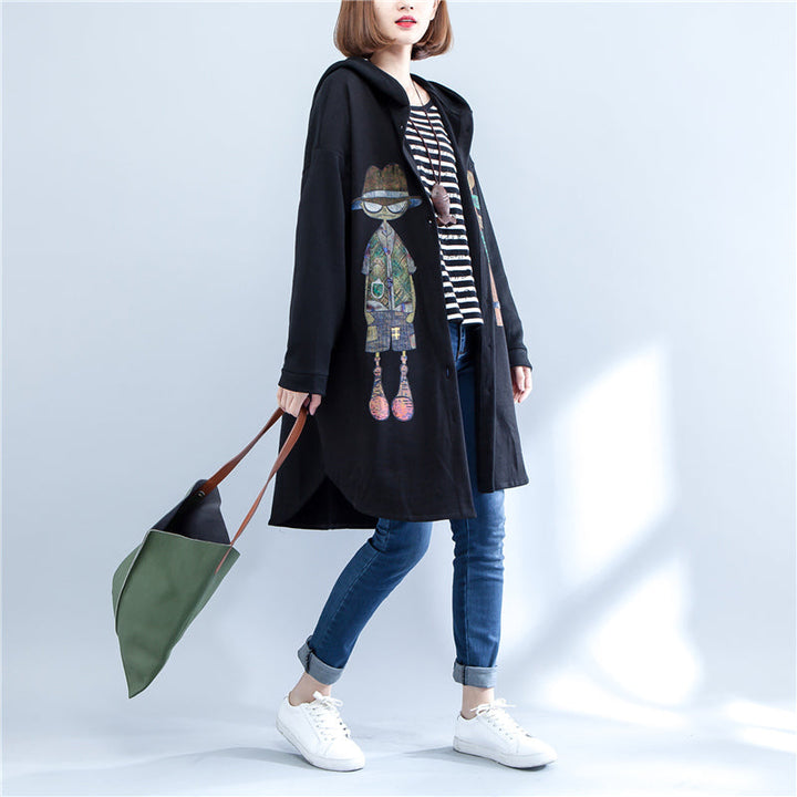 Drune | Herbst schwarze Druck Baumwollmäntel Übergröße niedrig hoch Kapuzen Trenchcoats