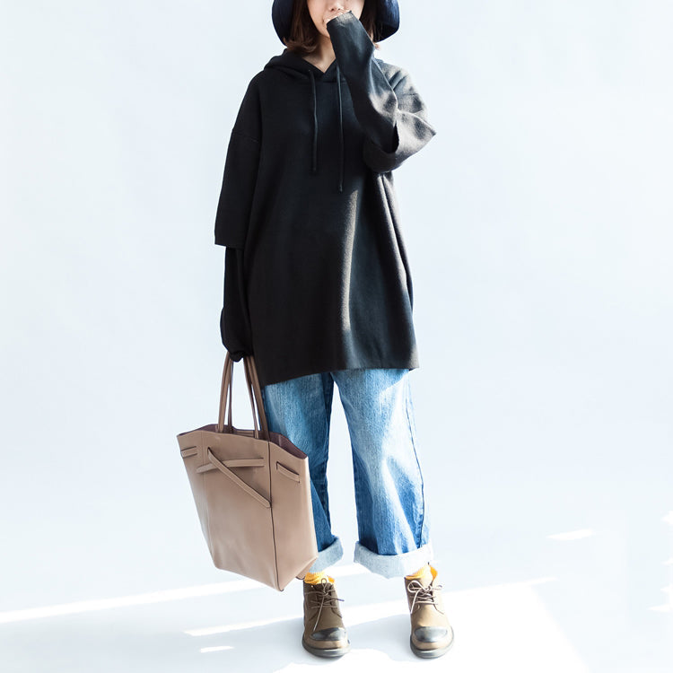 Drune | schwarze Druck Woll-Mischmantel Plus Size Kapuzen-Schichtärmeln mittlere Außene Bekleidung