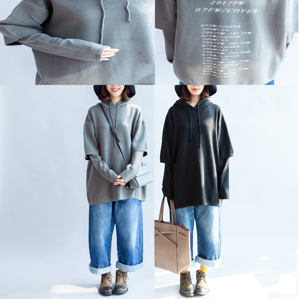 Drune | schwarze Druck Woll-Mischmantel Plus Size Kapuzen-Schichtärmeln mittlere Außene Bekleidung