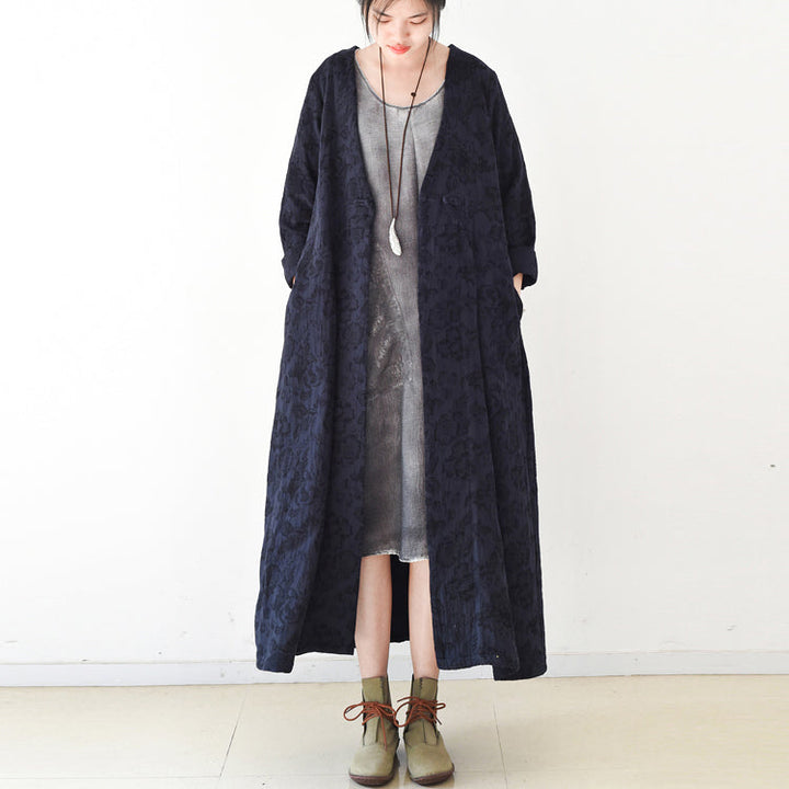 Drune | Trend navy Jacquard-Leinenmäntel langer Maxi-Mantel V-Ausschnitt lässiger Cardigan