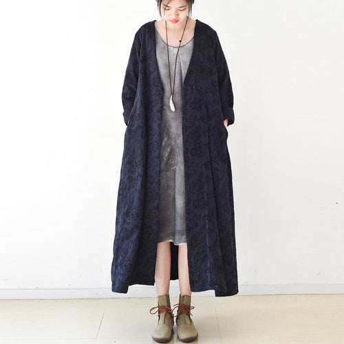 Drune | Trend navy Jacquard-Leinenmäntel langer Maxi-Mantel V-Ausschnitt lässiger Cardigan
