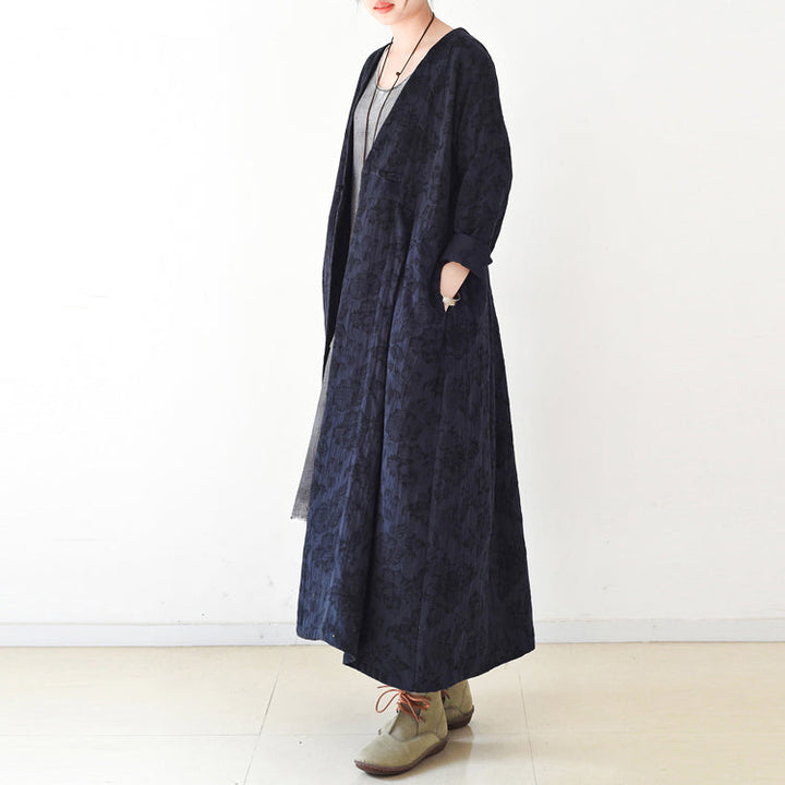 Drune | Trend navy Jacquard-Leinenmäntel langer Maxi-Mantel V-Ausschnitt lässiger Cardigan