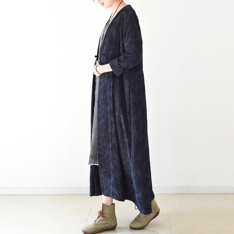 Drune | Trend navy Jacquard-Leinenmäntel langer Maxi-Mantel V-Ausschnitt lässiger Cardigan