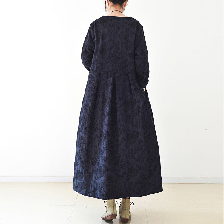 Drune | Trend navy Jacquard-Leinenmäntel langer Maxi-Mantel V-Ausschnitt lässiger Cardigan