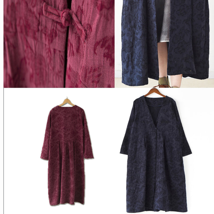 Drune | Trend navy Jacquard-Leinenmäntel langer Maxi-Mantel V-Ausschnitt lässiger Cardigan