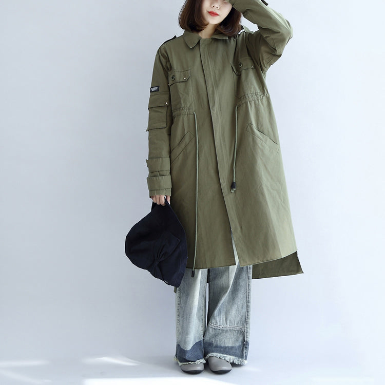 Drune | Taschen grün lässiger Baumwollparka Übergröße mit Bindegürtel Langarm-Trenchcoats