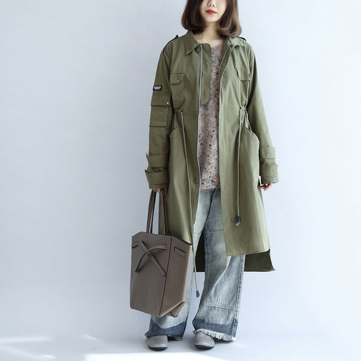 Drune | Taschen grün lässiger Baumwollparka Übergröße mit Bindegürtel Langarm-Trenchcoats