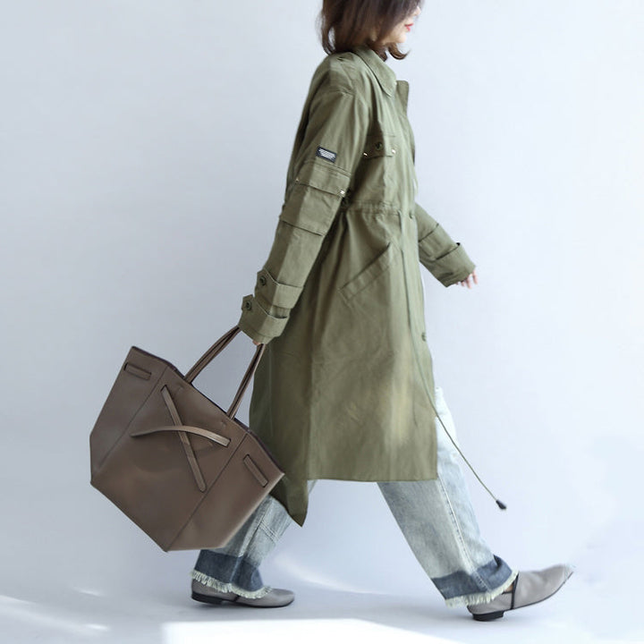 Drune | Taschen grün lässiger Baumwollparka Übergröße mit Bindegürtel Langarm-Trenchcoats
