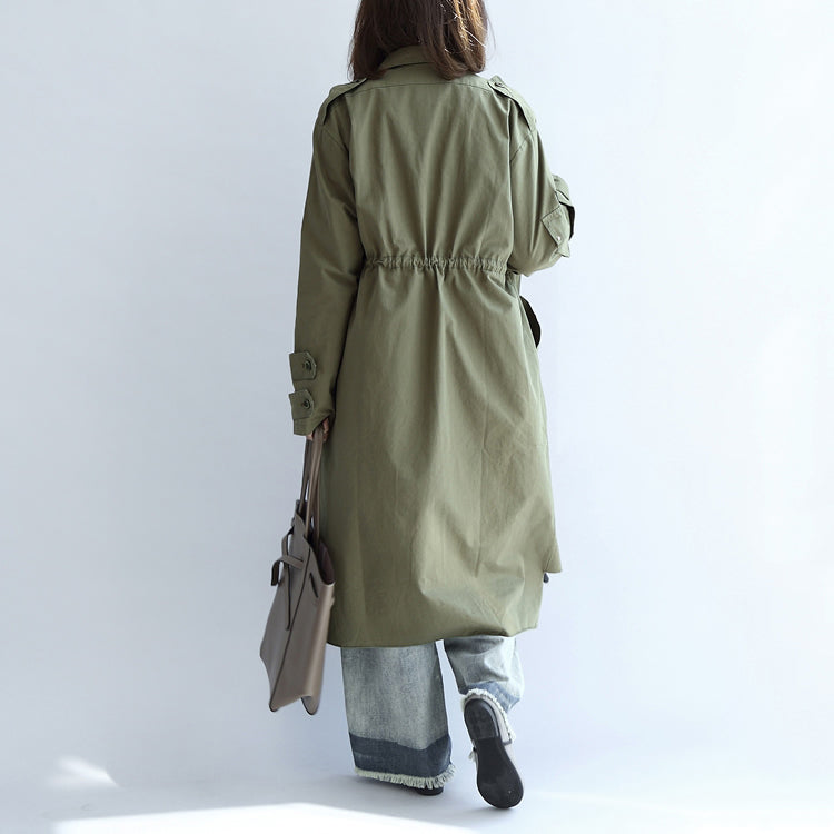 Drune | Taschen grün lässiger Baumwollparka Übergröße mit Bindegürtel Langarm-Trenchcoats