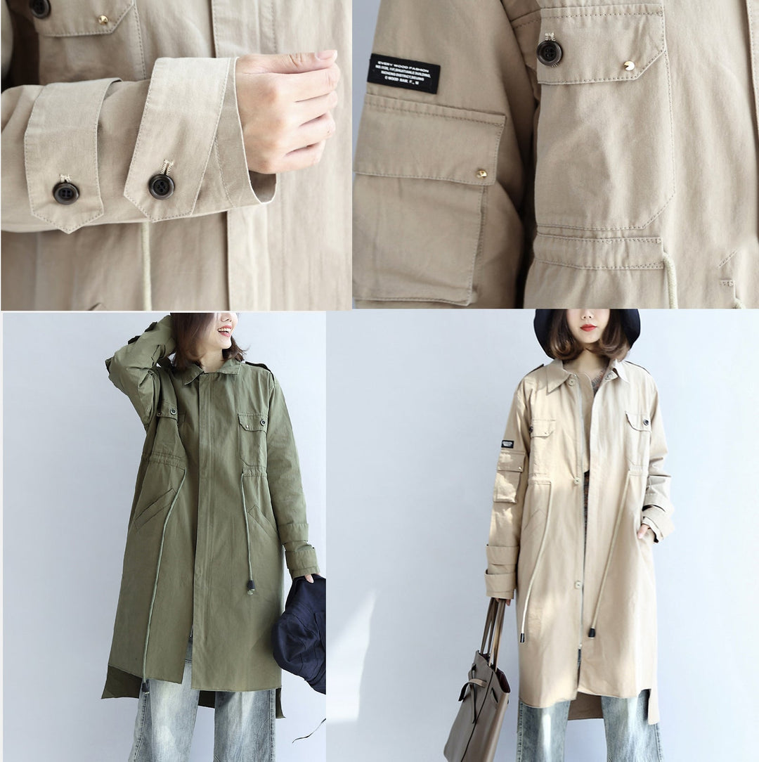 Drune | Taschen grün lässiger Baumwollparka Übergröße mit Bindegürtel Langarm-Trenchcoats