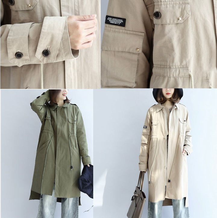 Drune | Taschen grün lässiger Baumwollparka Übergröße mit Bindegürtel Langarm-Trenchcoats