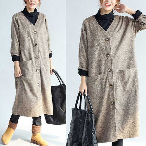 Drune | Vintage-Taschen khaki Baumwolle lange Cardigans Übergröße lange Ärmel Trenchcoats