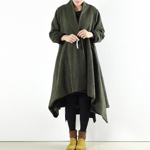 Drune | Winterwollmäntel grün gekreuzte asymmetrische Cardigans lang ein Knopf Outwear Kleid