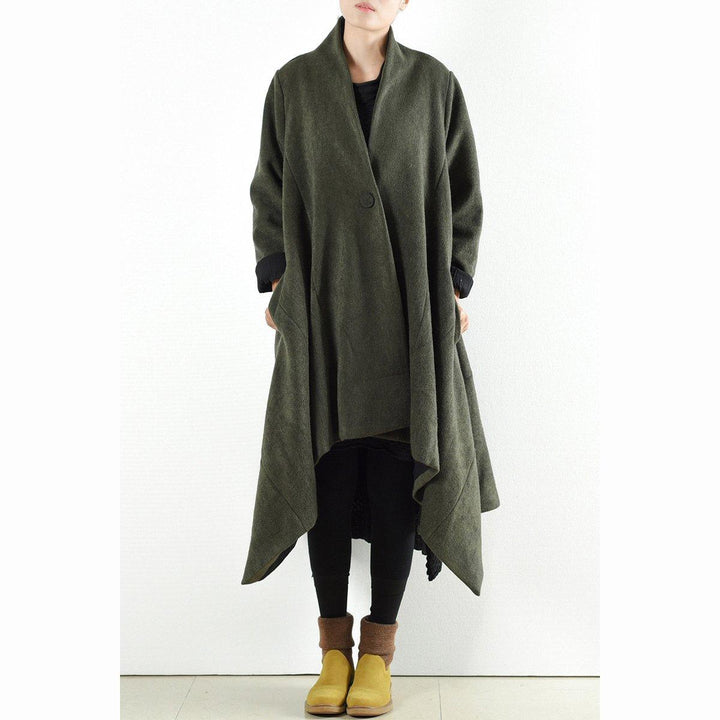 Drune | Winterwollmäntel grün gekreuzte asymmetrische Cardigans lang ein Knopf Outwear Kleid