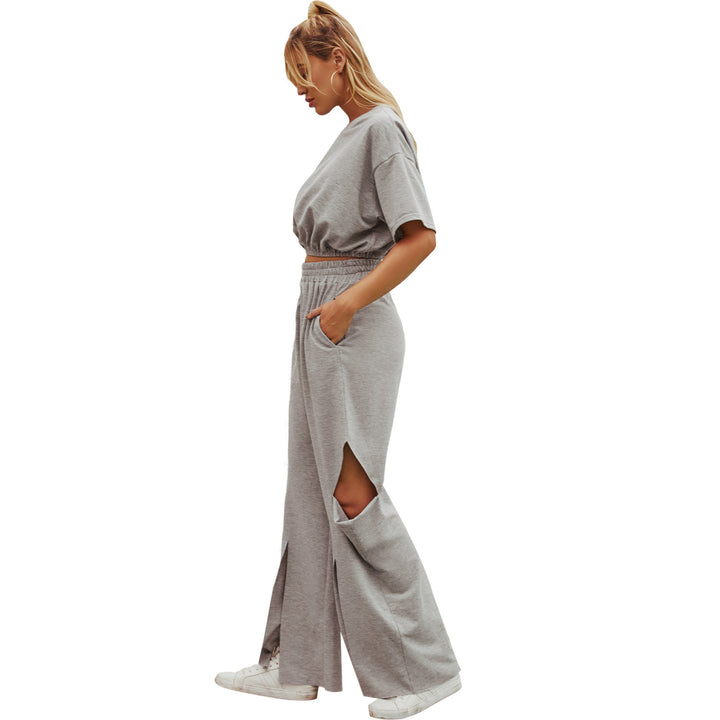 Damen lässige High-Waist Freizeithose mit modischen Schlitzen Drune