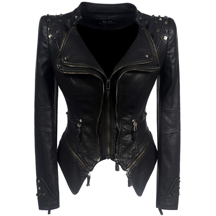 Drune | Bikerjacke Slim Fit Lederlook Asymmetrischer Reißverschluss Nieten Details