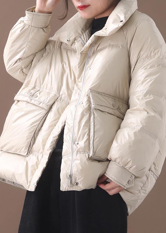 Drune | weiße Gänsedaunenjacke Plus-Size-Bekleidung Schneejacken zwei Taschen Stehkragenmäntel